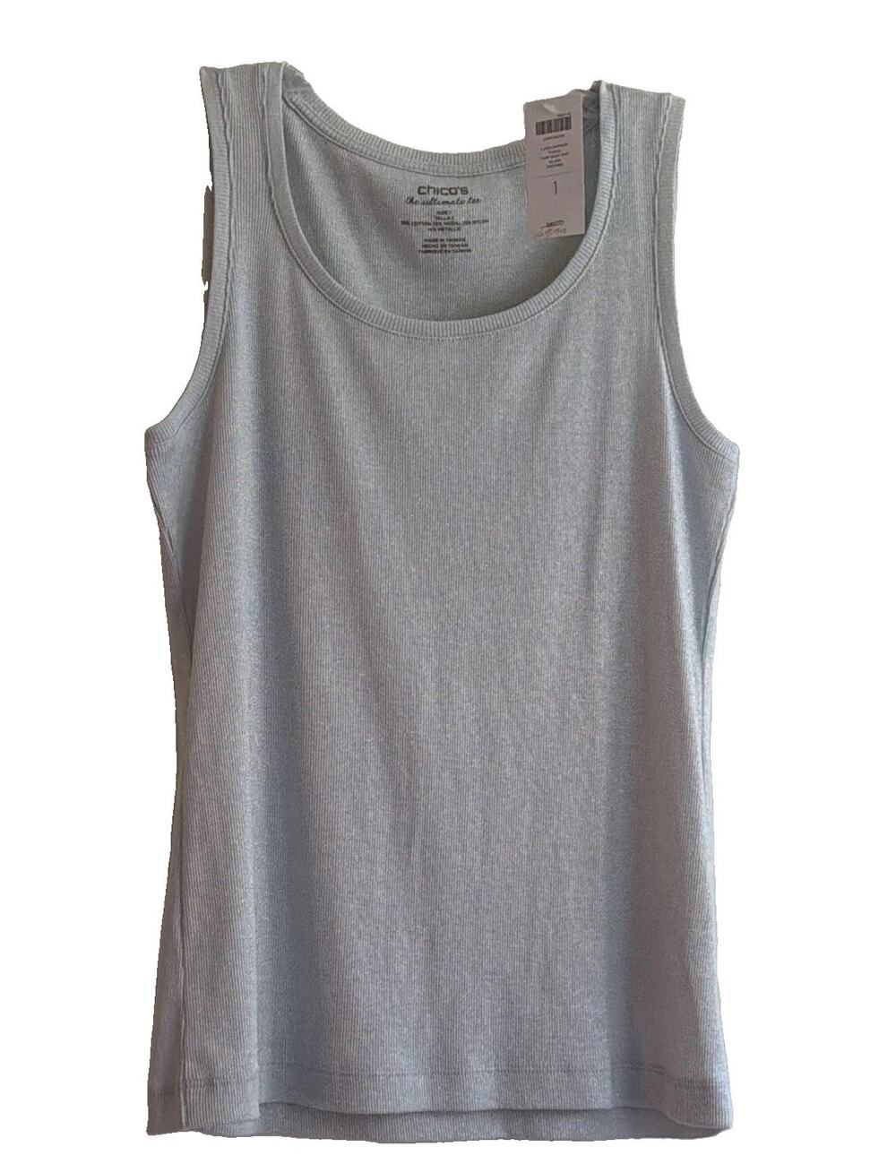 Chico’s Tivona Tank Size 1 M Silver Lurex Metallic Shimmer Knit Top NWT